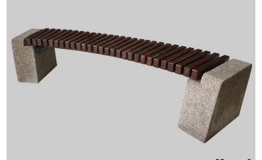 Lenktas betoninis suoliukas su medžio apdaila.