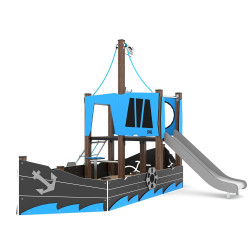 Medinė smėlio dėžė LAIVAS su čiuožykla | Žaidimų inventorius