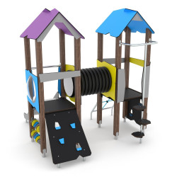 Dviejų stogelių medinė aikštelė sujungta tuneliu