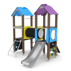 Dviejų stogelių medinė aikštelė su tuneliu | Laisvalaikio įrenginiai