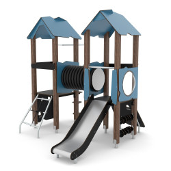 Dviejų stogelių medinė aikštelė su tuneliu | Laisvalaikio įrenginiai