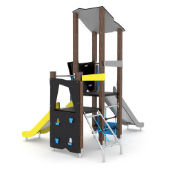 Medinė žaidimų aikštelė su dviem čiuožyklomis
